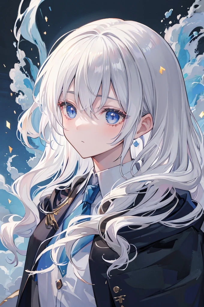 (masterpiece, highest quality:1.2), highest quality, masterpiece, high resolution, Anime style, portraiture, male, man, long hair, Silver hair, platinum blond hair, uniform for men, oversized coat, disproportionate cloak, Feminine appearance, dark blue eyes, magic, magic square, magician