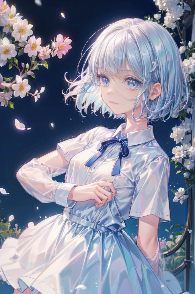 1 girl,(white) short hair,blue eyes,school uniforms,(super cute),(introvert) and shy,small breast,(thin and small),(feel happy),flowers,Natural expression