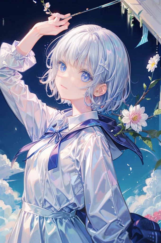 1 girl，(white) short hair，blue eyes，school uniforms，(super cute)，(introvert) and shy，small breast，(thin and small)，(feel happy)，flowers，Natural expression