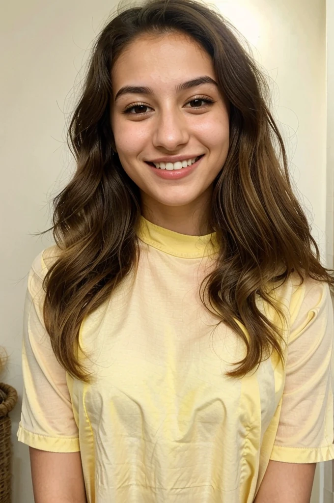 20YO, small nose, one women,attractive, Jordanian, Arab, Bright Yellow shirt, cute smile, cute face, white teethes, skinny face, light brown eyes, black/blonde long hair, modest