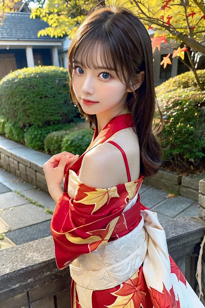 (masutepiece:1.3, Photorealsitic:1.4, 8K), top-quality, ​masterpiece, 超A high resolution, Perfect dynamic composition, Professional camera work, Grow Light Effect, Realistic portrait, Cinematic Light, Highly detailed skin and facial texture:1.3, The ultra-detailliert, A detailed eye, Detailed limbs, autumnal, Autumn leaves landscape in the evening:1.25, 1girl in, Cute sexy 23 year old slim woman, Fair skin, Autumn leaves are dancing:1.25, (Enraptured look:0.9, Totally captivates you:1.0), (Red kimono:1.31 Only shoulders and scapula exposed), (Backshots, Calm pose), (voluptuous breasts:0.9), (Beautiful blue eyes, Eyes that feel beautiful eros:0.85), Sexy face:0.4, (A mouthfeel that feels beautiful eros:0.85), ((Too cute beauty:0.9))