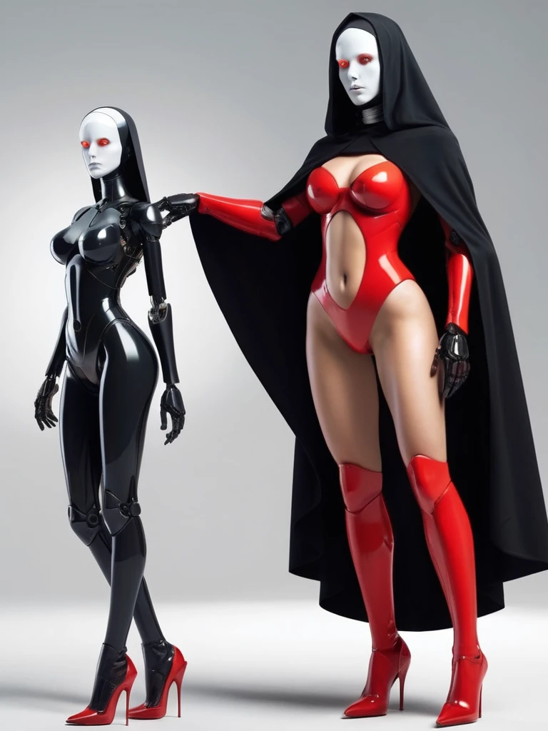 ral-opal, meahophontron, full body, woman robot face, devil nun, , looking at camera, body nun clothes, red eyes, primer plano looking at camera, realist, beautifull woman, sexy face, black clothes, gray and red, red cape and red heels, posing sensually.