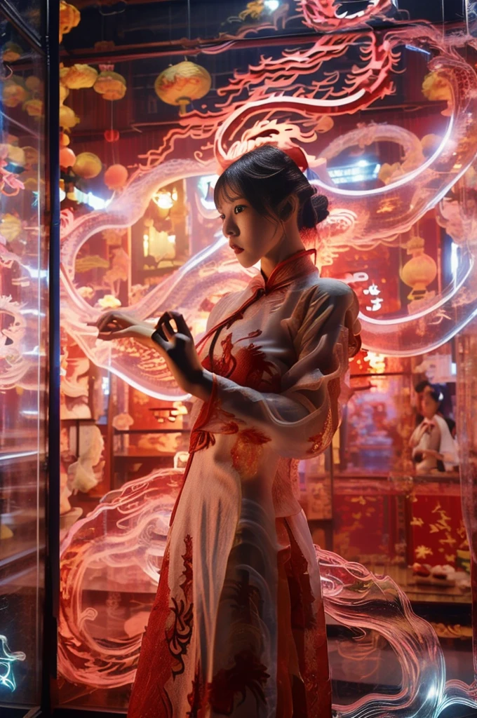 white holographic dragon, 1个Busty girl(red cheongsam:1.5) A suspenseful shot(the sky shines red,visual impact,Add a dynamic and visually appealing look to your posters.:1.2),chinese line style,impressive picture,