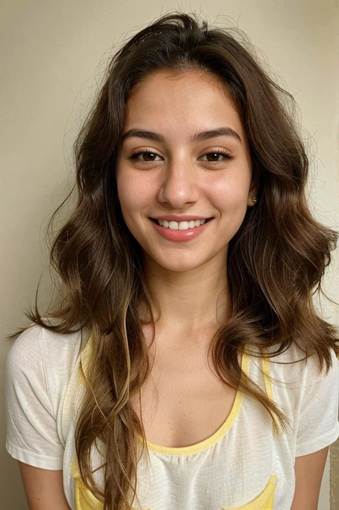 20YO, small nose, one women,attractive, Jordanian, Arab, Bright Yellow shirt, cute smile, cute face, white teethes, skinny face, light brown eyes, black/blonde long hair, modest