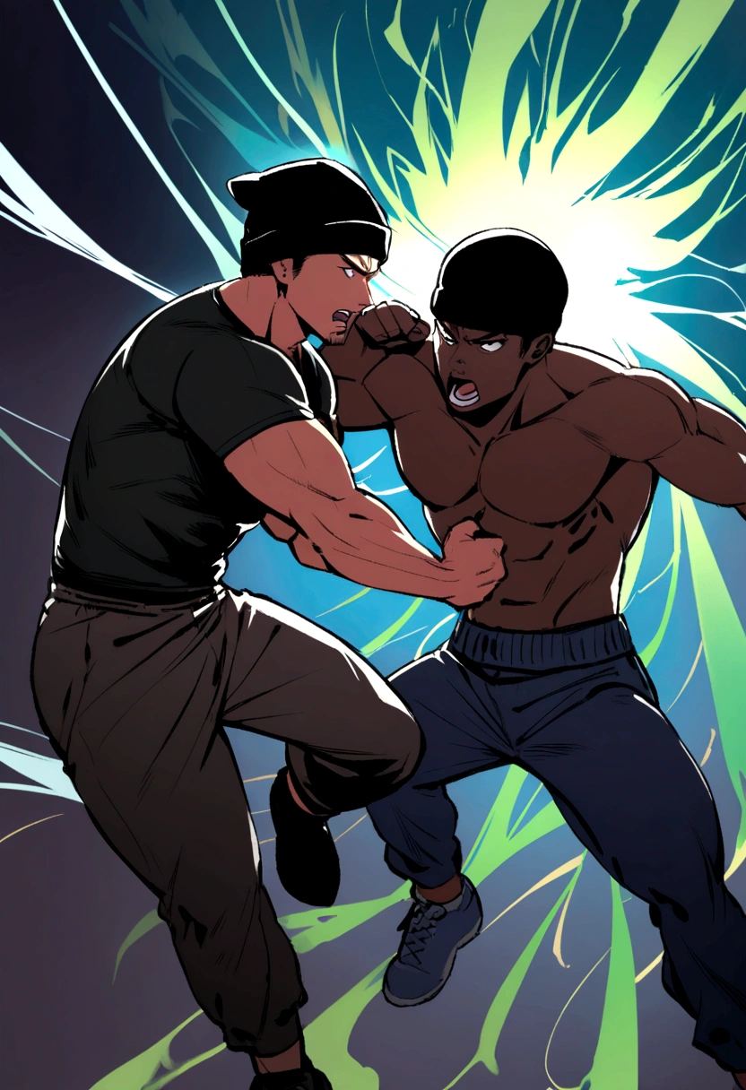 Fit guy with medium long brown hair and black beanie hat fighting a black man without a beanie
