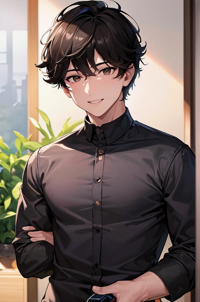 masterpiece, best quality, masterpiece, best quality, masterpiece, best quality, masterpiece, best quality, high quality,high detail, ultra detail, Uhd, 4k,4280x2240, depth field, (hdr:1.9), correct , a boy masculine with short hair black hair abundant brown eyes with complete spring outfit smile
