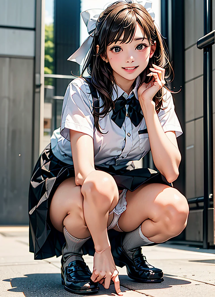 (Realistic, photo Realistic:1.2), ((Highest quality)), Shift the center of gravity backwards, Quite embarrassing, White panties, (Showing panties:1.4),タイトskirt, (Panty shot:1.3), (skirtをまくり上げる:1.3), (Squat:1.4), (Spreading pussy:1.2), Place your heels on the ground, Spread your legs, Squat with your knees up, Attach your butt to the ground, brown penny loafers, Beautiful facial details, Real human skin, Gentle expression, Front view, angle From below, Realistic, photoRealistic, cute, skirt, Squat deep on school grounds, cute school girl, Japanの女子高生の制服, Haruka Hirose、Left 4 Dead Arcade、Japan 、Short Bob、Brown Hair、black eye、Mid-breasted、((White short sleeve shirt、Grey bow tie、グレーのチェック柄skirt、プリーツskirt、White High Socks、Brown leather shoes):1.5)、JK Uniform、Frayed uniform、cute女子高生, whole body,smile, 自然なsmile, cutesmile, 魅惑的なsmile, (Looking at the audience:1.2), from before, From below, from the front、White pantiesを見せつけている