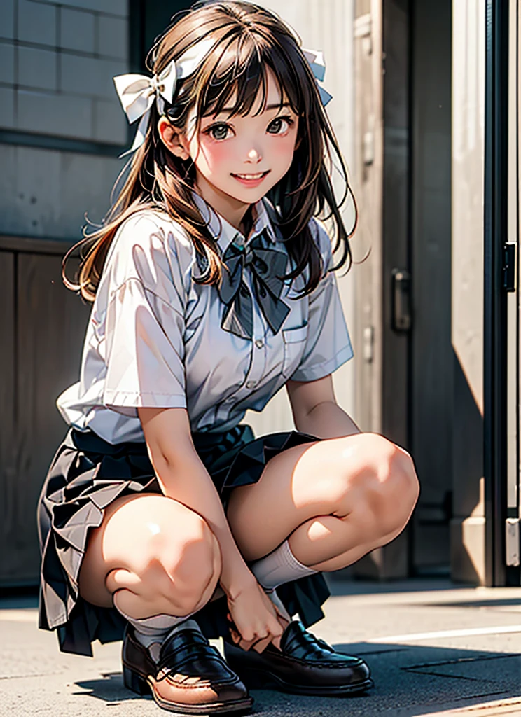 (Realistic, photo Realistic:1.2), ((Highest quality)), Shift the center of gravity backwards, Quite embarrassing, White , (Showing pantiesイトskirt, (Panty shot:1.3kirtをまくり上げる:1.3), (Squat:1.4), (Spreading pussy:1.2), Place yeels on the ground, Spread your legs, Squat with your knees up, Attach your butt to the ground, brownny loafers, Beautiful facial details, Real human skin, Gentle expression, Front view, angle From below, Realistic, photoRealistic, cute, skirt, Squat deep on school grounds, cute school girl, Japanの女子高生の制服, Haruka Hirose、Left 4 Dead Arcade、Japan 、Short Bob、Brown Hair、black eye、Mid-breasted、((White short sleevt、Grey bow tie、グレーのチェック柄skirt、プリーツskirt、White High Socks、Brown leather shoes):1.5)、JK Uniform、Frayed uniform、cute女子高生, whole body,smile, 自然なsmile, cutesmile, 魅惑的なsmile, (Looking at the audience:1.2), from before, From below, from the front、White pantiesを見せつけている