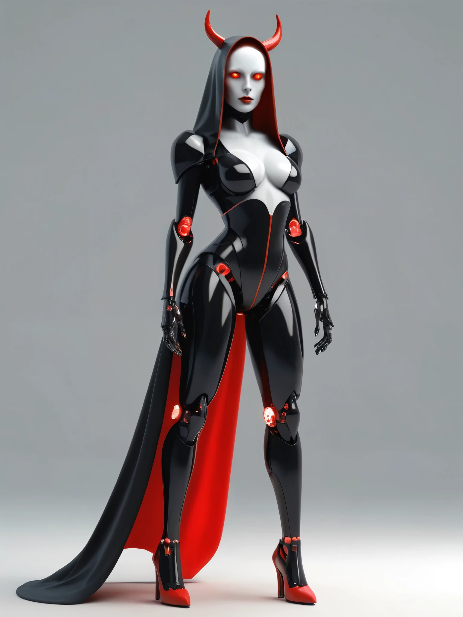 ral-opal, meahophontron, full body, woman robot face, devil nun, , looking at camera, body nun clothes, red eyes, primer plano looking at camera, realist, beautifull woman, sexy face, black clothes, gray and red.