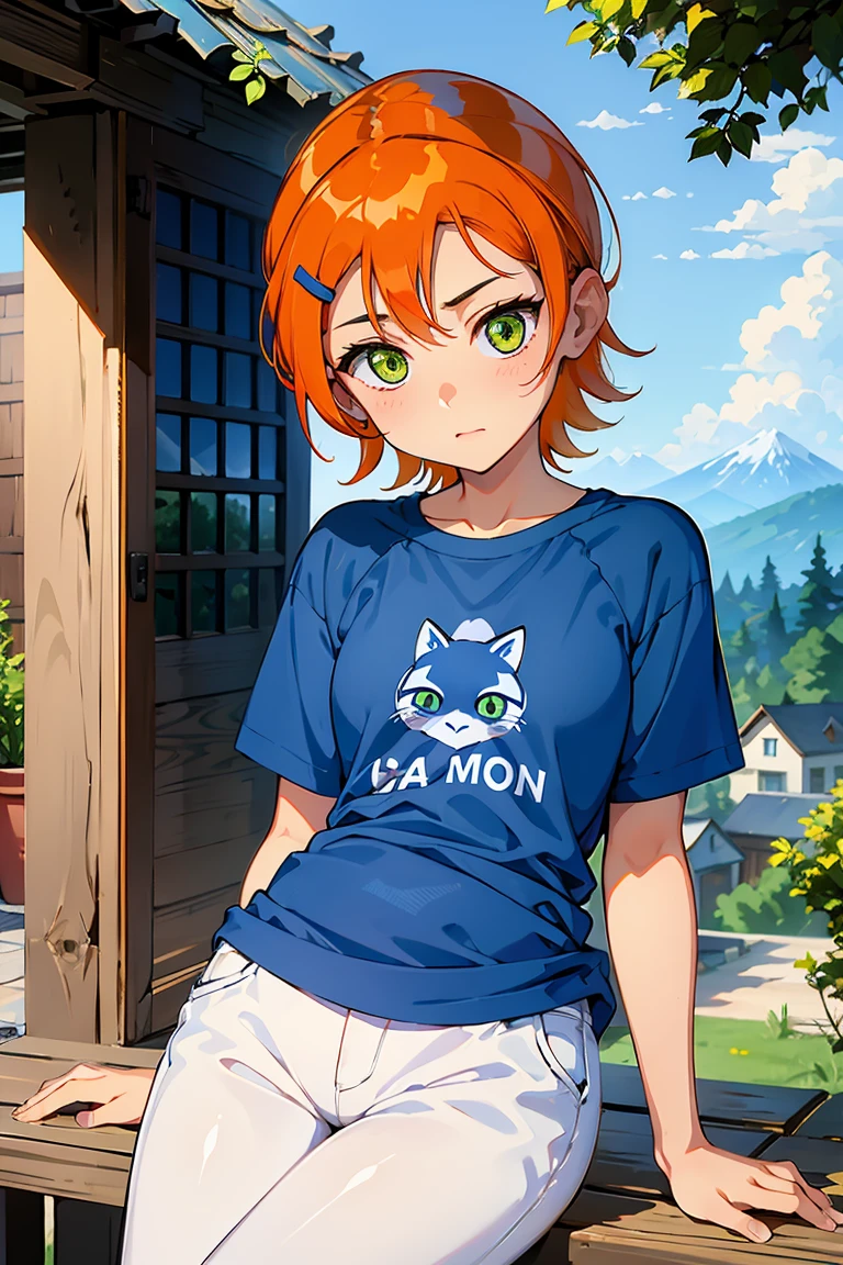 A stunning and intricate full color portrait in Ultra-HD, 10 year old girl, short orange hair, held in place by a blue hairpin and wearing sapphire earrings, green eyes, detailed face, wearing a blue and white raglan shirt, logo of a simple blue cat face, white pants, epic character composition, alessio albi, nina masic, sharp focus, natural lighting, subsurface dispersion, f2, 35mm hyper-pregnant 