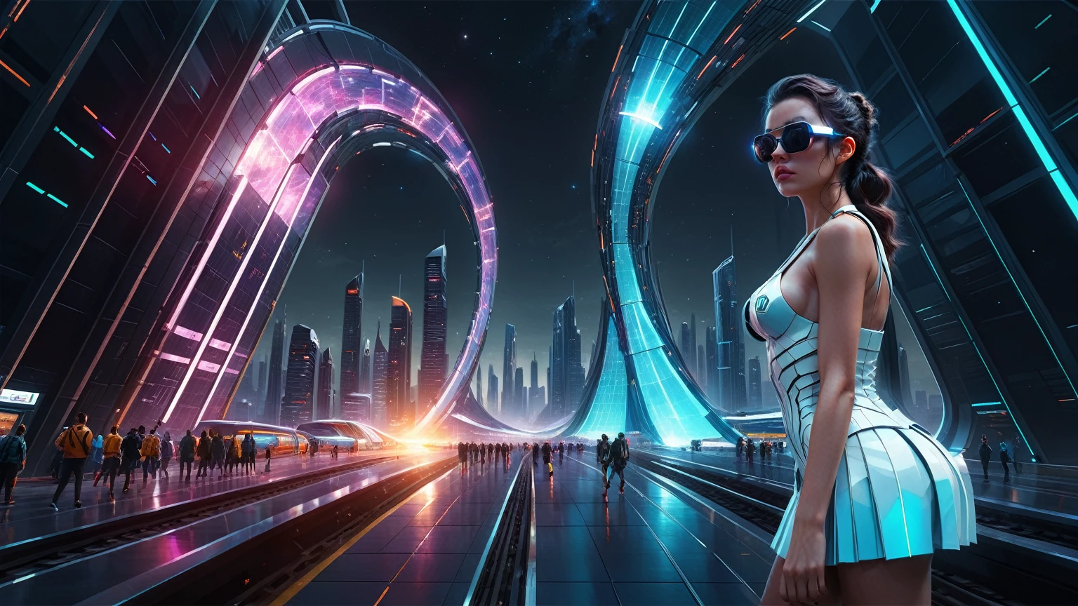 Brightly colored abstract aerial view image of a (((((futuristic railway station))))) with a spiral, a (((futuristic all-glass train))) passing by, epic beautiful space sci-fi, chaotic cinematic space rift, Greg Beeple, planets colliding, Beeple and Tim Hildebrandt, Beeple and Jean Giraud, end of the universe, (((giant glass lion sculpture))), galaxy space sci-fi, ringworld, by Mike "Beeple" Winkelmann. Matrix style, (((Matrix cascading code))), (((a futuristic twin tower skyscraper with a unique twisted design))), (((OLED GUI interfaces in the building))), at night, (((((1girl, solo))))), photo realistic, (((((((large-breast:1.2 body, cleavage:1.4))))))), (((((off broken mini sling-shirt and black sling bra, extreamly short pleated miniskirt exposing panty))))), (((((running pose))))), (((((((matrix style black micro sunglasses))))))), ((((((((((aiming with a short gun)))))))))), (((((looking at camera))))), (((very low view))), (((((half-body thigh level medium shot))))), (((cinematic lighting))).