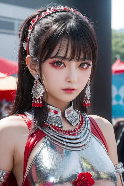 SU-METAL、strong eye makeup、HOT METAL SUMMER carnival concept、The theme colors are red and silver、Skin-revealing costumes、Upper Body、Gravure in a music magazine