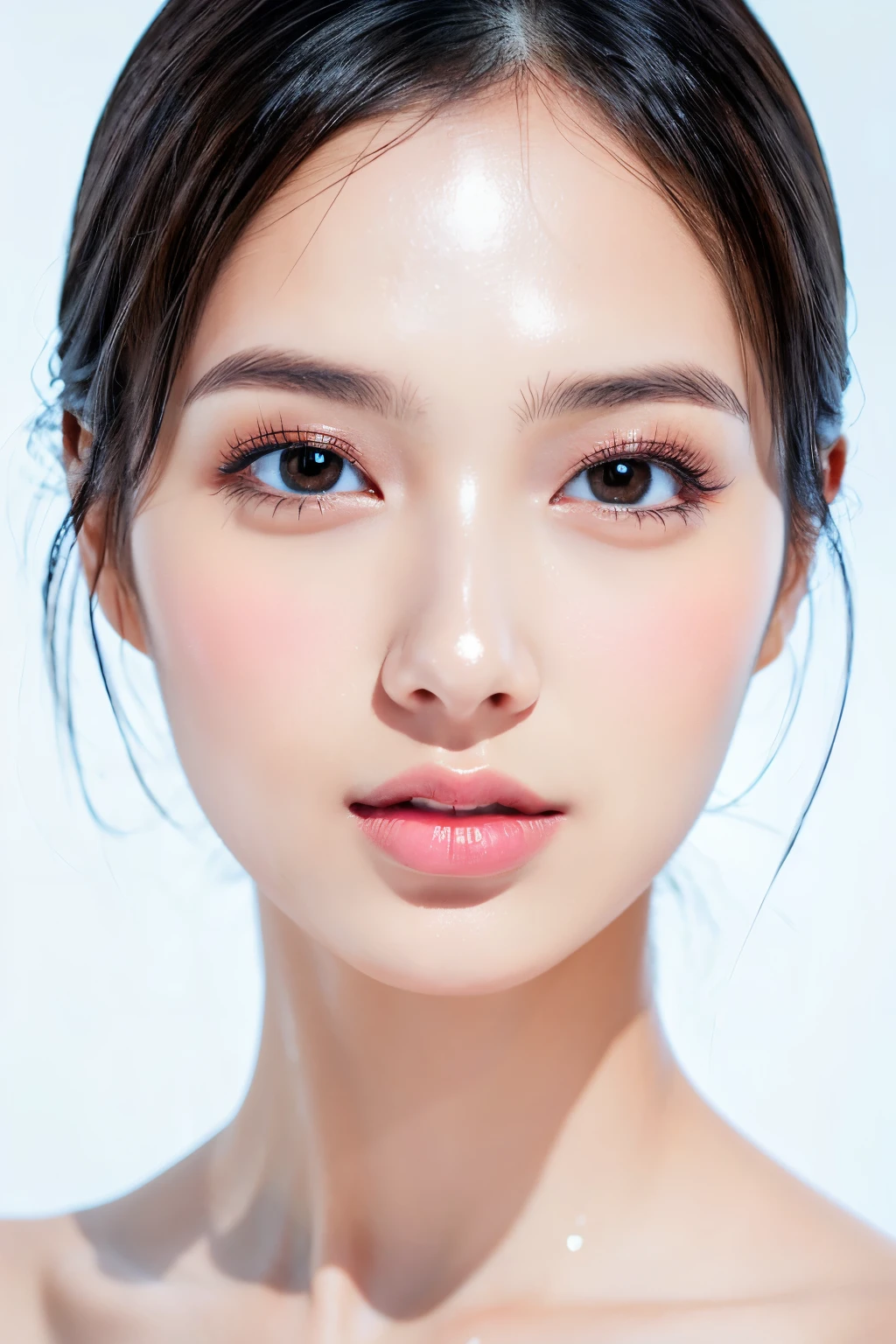 (Highest quality、Tabletop、8K、Best image quality、Award-winning works)、(Face close-up:1.1)、(Pure white background:1.2)、nude、Closed lips、Perfect beautiful face、Glowing Beautiful Skin、Perfect Makeup