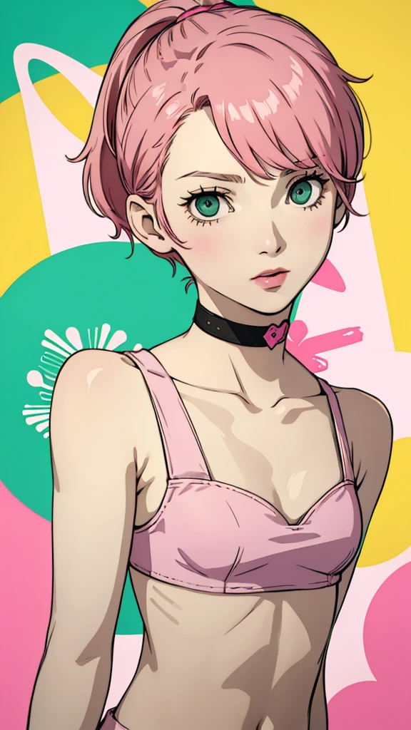 1 femboy, green eyes, very Short hair, pink choker, lipstick, Shy, pink hair , tomboy Pixie haircut, femboy hooters, face portrait , flat chest, ponytail