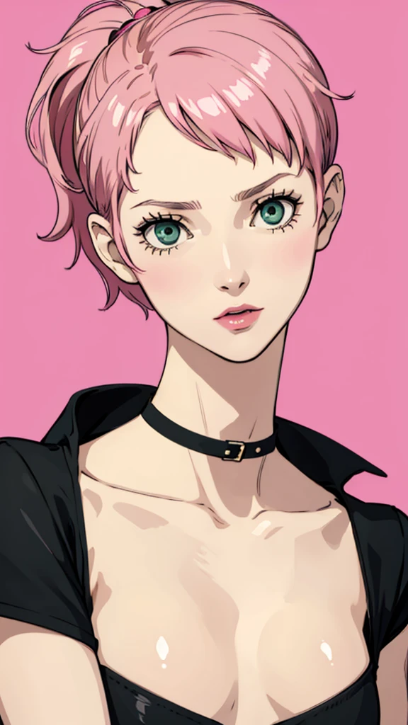 1 femboy, green eyes, very Short hair, pink choker, lipstick, Shy, pink hair , tomboy Pixie haircut, femboy hooters, face portrait , flat chest, ponytail