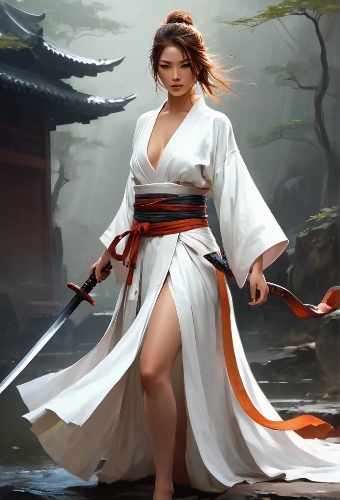 Samurai style outfit.Picture of woman in white holding sword, beautiful figure painting,concept art, art station, fantasy art, beautiful figure painting, guweiz, rusty digital painting, rusty sakimimichan, flowing white robe, rusty 1. 0