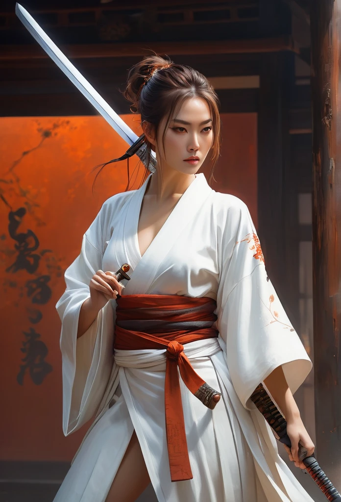 Samurai style outfit.Picture of woman in white holding sword, beautiful figure painting,concept art, art station, fantasy art, beautiful figure painting, guweiz, rusty digital painting, rusty sakimimichan, flowing white robe, rusty 1. 0