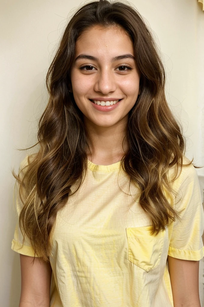 20YO, small nose, one women,attractive, Jordanian, Arab, Bright Yellow shirt, cute smile, cute face, white teethes, skinny face, light brown eyes, black/blonde long hair, modest