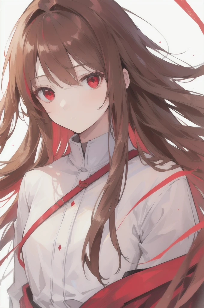 woman, long straight light brown hair, red eyes, wearing old clothes