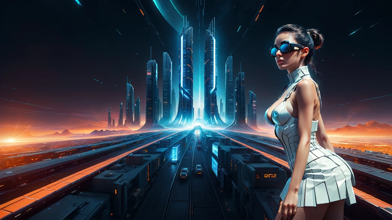 Brightly colored abstract aerial view image of a (((((futuristic railway station))))) with a spiral, a (((futuristic all-glass train))) passing by, epic beautiful space sci-fi, chaotic cinematic space rift, Greg Beeple, planets colliding, Beeple and Tim Hildebrandt, Beeple and Jean Giraud, end of the universe, (((giant glass lion sculpture))), galaxy space sci-fi, ringworld, by Mike "Beeple" Winkelmann. Matrix style, (((Matrix cascading code))), (((a futuristic twin tower skyscraper with a unique twisted design))), (((OLED GUI interfaces in the building))), at night, (((((1girl, solo))))), photo realistic, (((((((large-breast:1.2 body, cleavage:1.4))))))), (((((off broken mini sling-shirt and black sling , extreamly short pleated  exposing ))))), (((((running pose))))), (((((((matrix style black micro sunglasses))))))), ((((((((((aiming with a short gun)))))))))), (((((looking at camera))))), (((very low view))), (((((half-body thigh level medium shot))))), (((cinematic lighting))).