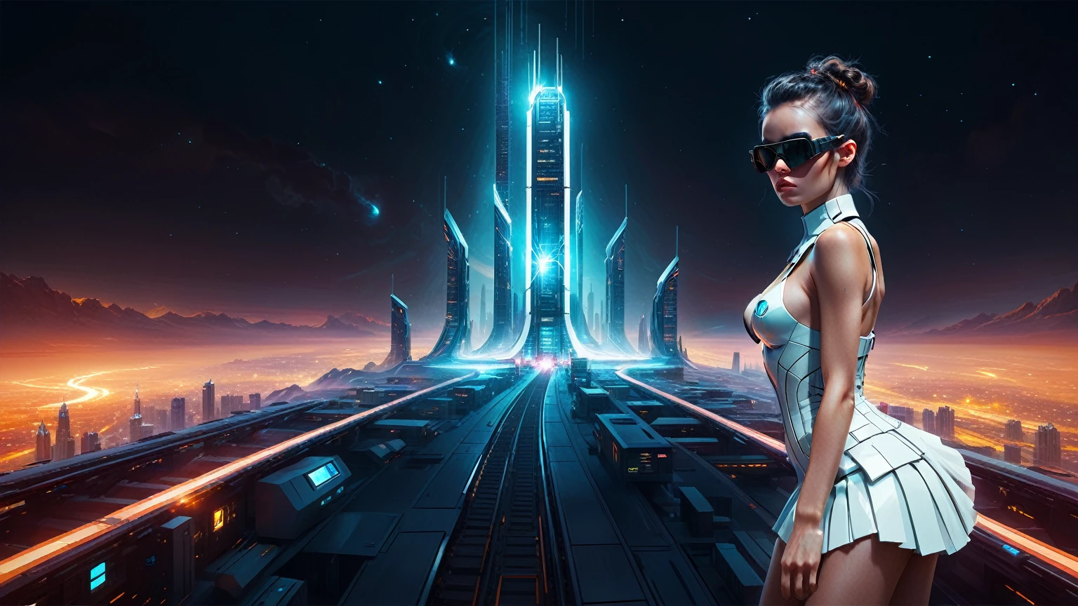 Brightly colored abstract aerial view image of a (((((futuristic railway station))))) with a spiral, a (((futuristic all-glass train))) passing by, epic beautiful space sci-fi, chaotic cinematic space rift, Greg Beeple, planets colliding, Beeple and Tim Hildebrandt, Beeple and Jean Giraud, end of the universe, (((giant glass lion sculpture))), galaxy space sci-fi, ringworld, by Mike "Beeple" Winkelmann. Matrix style, (((Matrix cascading code))), (((a futuristic twin tower skyscraper with a unique twisted design))), (((OLED GUI interfaces in the building))), at night, (((((1girl, solo))))), photo realistic, (((((((large-breast:1.2 body, cleavage:1.4))))))), (((((off broken mini sling-shirt and black sling bra, extreamly short pleated miniskirt exposing panty))))), (((((running pose))))), (((((((matrix style black micro sunglasses))))))), ((((((((((aiming with a short gun)))))))))), (((((looking at camera))))), (((very low view))), (((((half-body thigh level medium shot))))), (((cinematic lighting))).