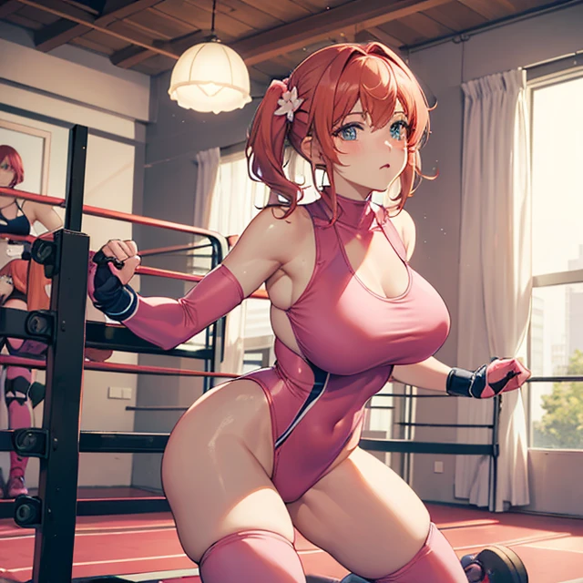 (masterpiece, best quality, detailed), 1girl, solo, training
ElfGirl, reddish orange hair, medium hair, 1 left hair short pigtail tied with two flowers lightblue flower at side of hair, light blue eyes, serious, closed mouth, huge breasts, big butt, beautiful legs, (pink wrestling gear, pink bikini one-piece leotard, pink wrestling boots, ping wrestling knee pads, pink elbow pads, pink gloves), gym room, white gym room, treadmills around, afternoon through the windows