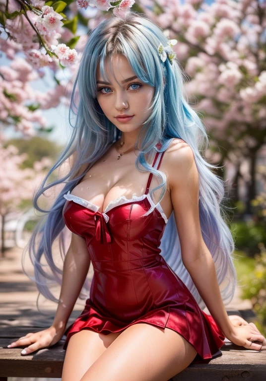 ((1 beautiful girl, gorgeous, large firm push up breasts,red dresses, neckline, 20 years old)),white hairs blue eyes),Raw photo,ultra realistic, uhd, realistic skin and hairs, best quality,16k resolution,vivid colors, (((the most beautiful cute girl faces in the world))), beautiful make up, cherry trees