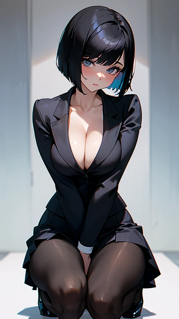 A woman with short black bob hair and large breasts, wearing a suit and a mini skirt. Her cleavage is visible, and she is wearing pantyhose. She is crouching down, revealing a glimpse under her skirt.