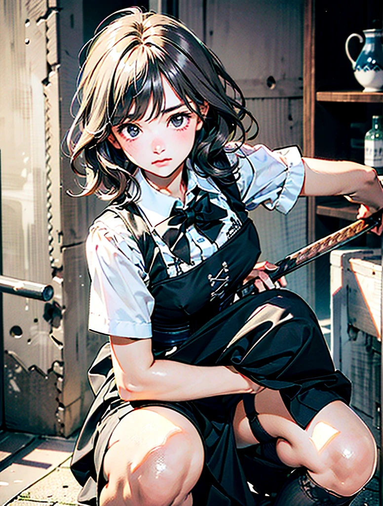 RAW Photos, Highest quality, High resolution, Realistic, One girl、Young Japanese Girl, 17 years old, whole bodyポートレート, Expressionless, poker face, Stone Face, model, Big Breasts, short hair, Wavy Hair, Curly Hair, Gray Hair, Silver Hair, Light brown hair, Hollow Eyes, Hollow Eyes, ((Thin thighs)), Diagonal bangs, Cute face, Shiny skin, Beautiful body, Beautiful Skin, concentrate , Naked from below, (school uniform, Lead Bow Tie, Black apron dress, Highly detailed corset, Gothic, Frill dress, Beautiful embroidery, (Long skirt:1.2):1.4),  (Skirt flip:1.5) show, underwear, simple underwear, (Squat、One knee:1.5)、(Spread your legs:1.5)、((Showing white panties))、Good lift、Exposing the breasts、Showing off a white bra、Troubled face、climax、Excited、close your eyes、Open your mouth、Sword Drawing Technique, Battoujutsu、whole body