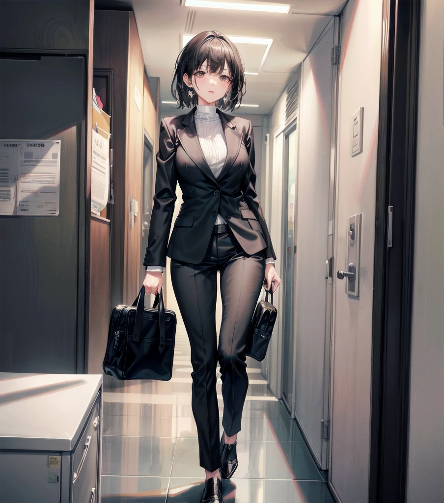 full body, delicate facial features, big tits, medium hair, black hair, tearful mole, earring, grey suit, open jacket, office lady, suit, pants, from behind, office room, desk, stick out one's buttocks, 