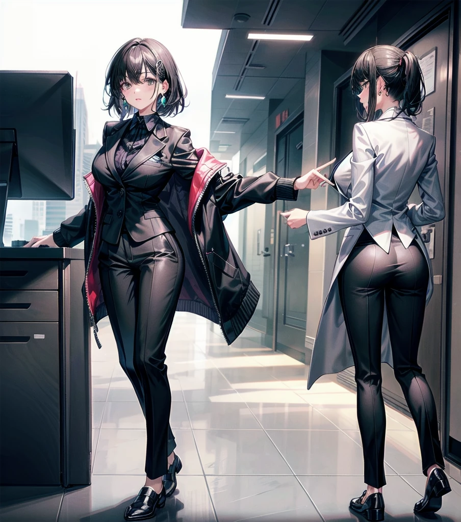 full body, delicate  features, big , medium hair, black hair, tearful mole, earring, grey suit, , office lady, suit, pants, , office room, desk, stick out one's , 