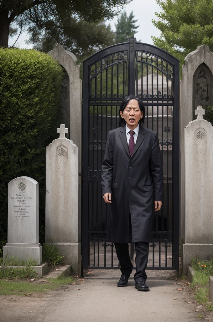 Create an image of a suffering soul in front of a cemetery gate