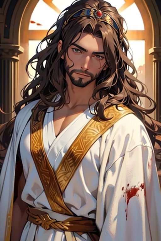 create an image in a semi-realistic painting style of Jesus with brown skin, wavy hair down to the shoulders, and wearing a diadem on the head and eyes like the sun, dressed in a white robe stained with blood him lookin at the front