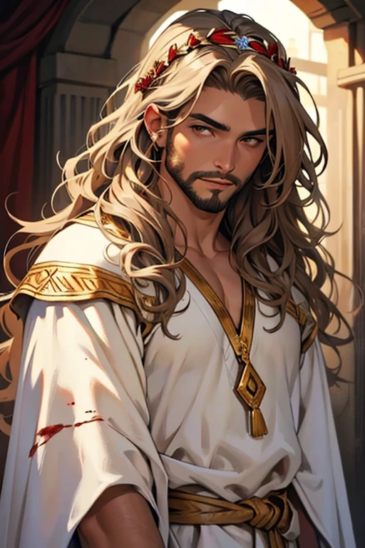 create an image in a semi-realistic painting style of Jesus with brown skin, wavy hair down to the shoulders, and wearing a diadem on the head and eyes like the sun, dressed in a white robe stained with blood him lookin at the front