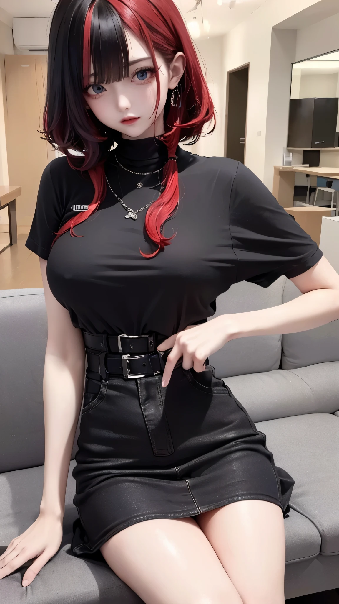(masterpiece、Can be viewed、masterpiece、Highest Resolution
、Highest quality、Highest quality、Cinematic Lighting、High-end rendering、Safe at Work、Safety Sensor), detailed,1girl,indoors, adult, split-color hair, black　and red hair, Narrow, Narrow, sharp eyes、blue eyes、From head to toe、、 (Big Breasts)