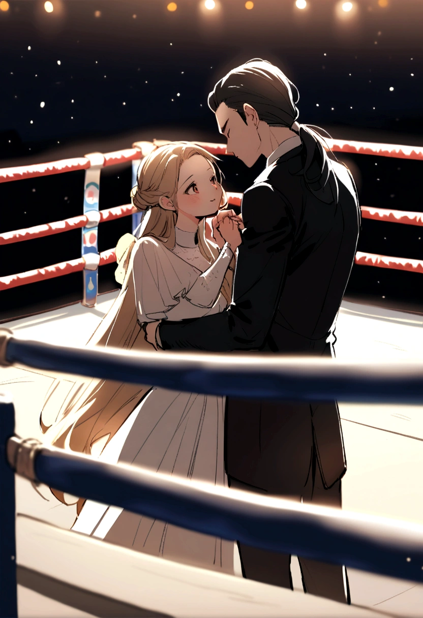 boy with long hair and black suit in a boxing ring