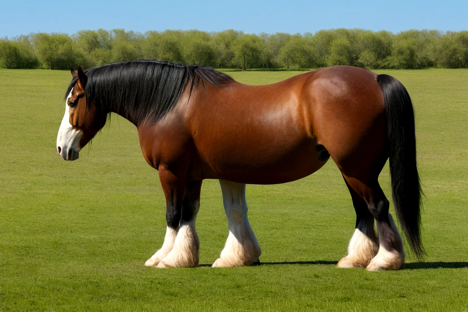 full side view of a big fat Clydesdale horse mare with a massive bum and a very short tail. horse facing horizon . a very full figured very dark skinned BBW nude African woman riding horse. flat grass meadow. looking to horizon . a single huge pile of steaming horse dung on the ground behind horse. cloudless blue sky.