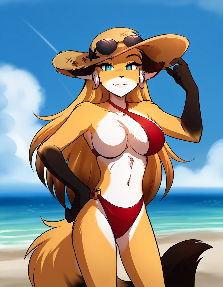 score_9, score_8_up, score_7_up, score_6_up, score_5_up, score_4_up, rating_explicit, source_furry, female, cute anthro female, cute face, detailed background, looking at viewer, solo, solo focus, (no nipples, no vagina:1.2), (digital pen line-art, soft lines, soft shading, pinup, cartoon, anime:1.2), busty, very long hair, beach, mike-twokinds, (red bikini,  criss-cross halter:1.4), sunglasses, straw hat, hips,fox tail, (seductive smile,smug:1.2)