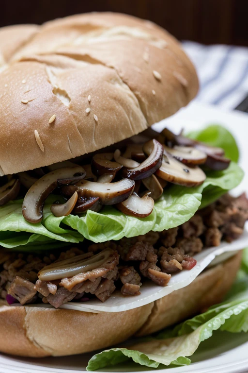 Sandwich with lots of shredded meat, mushroom, onion and salad