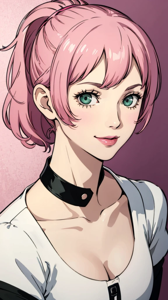 1 femboy, green eyes, very Short hair, pink choker, lipstick, Shy smile, pink hair , portrait , ponytail