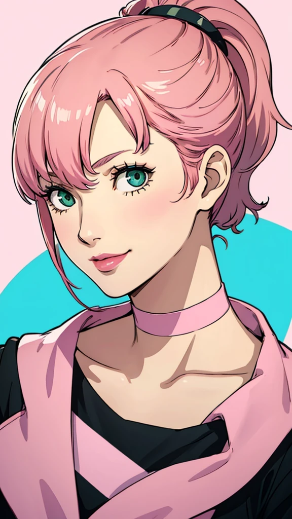 1 femboy, green eyes, very Short hair, pink choker, lipstick, Shy smile, pink hair , portrait , ponytail