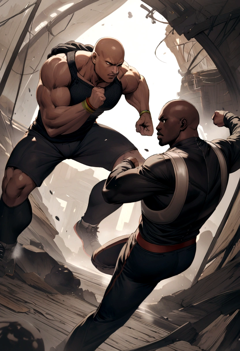 Fit guy with medium long brown hair and black beanie hat fighting a bald black man