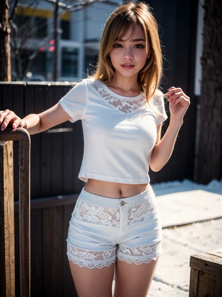 (((Open Stance)))、 ((White lace T-shirt)), Gazing at the audience、((White shorts))、Standing with legs open to the sides、((Sexy young woman'Body:1.4)),The navel is clean、I can see your belly、Open Stance、Clean knees、
