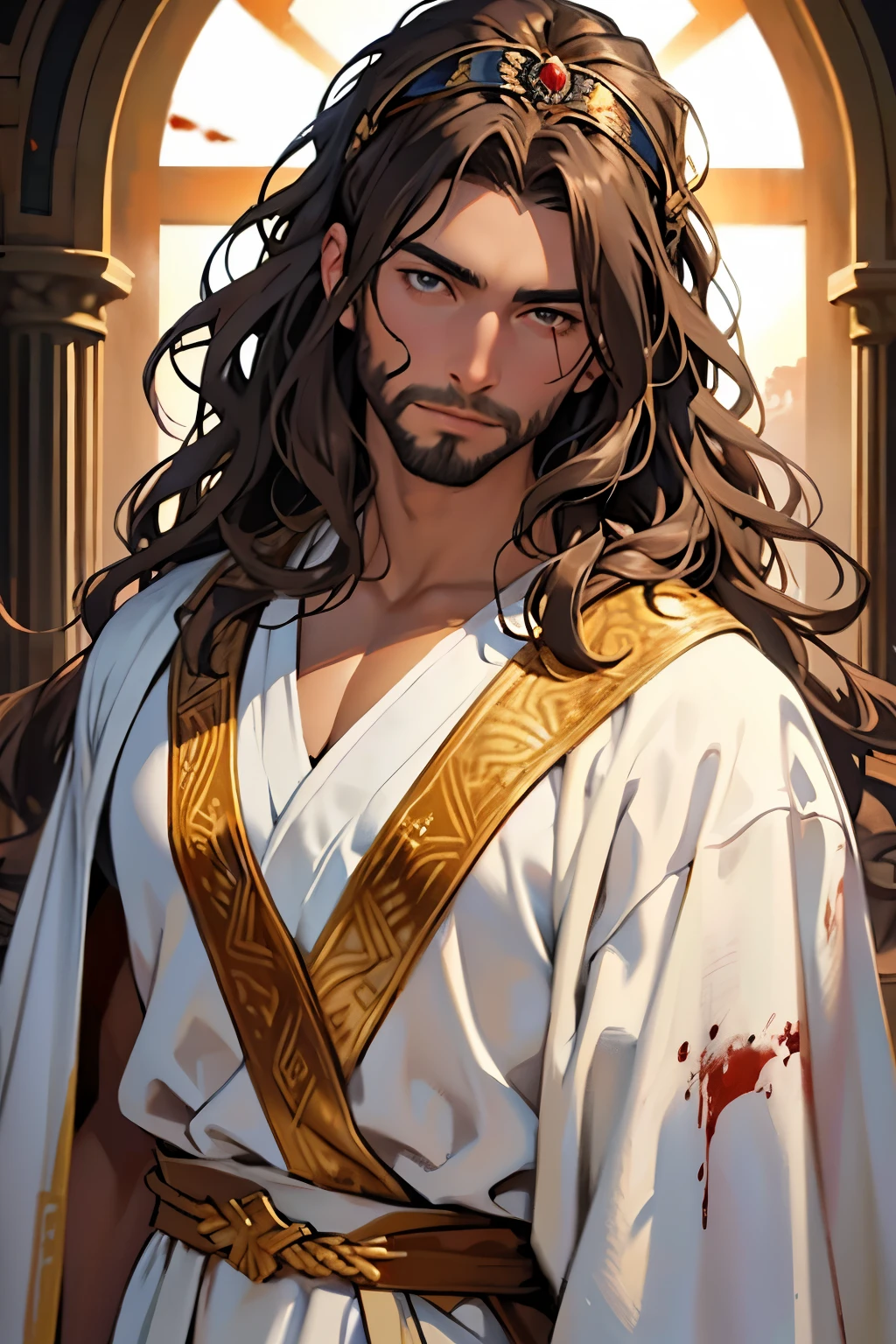 create an image in a semi-realistic painting style of Jesus with brown skin, wavy hair down to the shoulders, and wearing a diadem on the head and eyes like the sun, dressed in a white robe stained with blood him lookin at the front