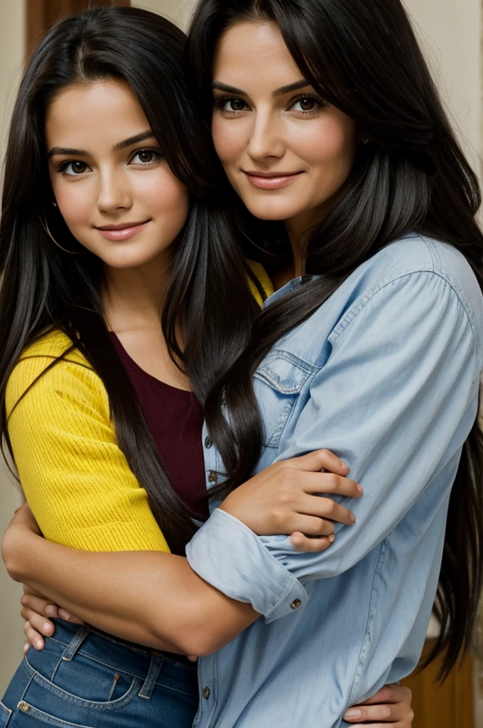 Pretty woman with long hair and her beautiful dark-haired 7-year-old boy, hugged 