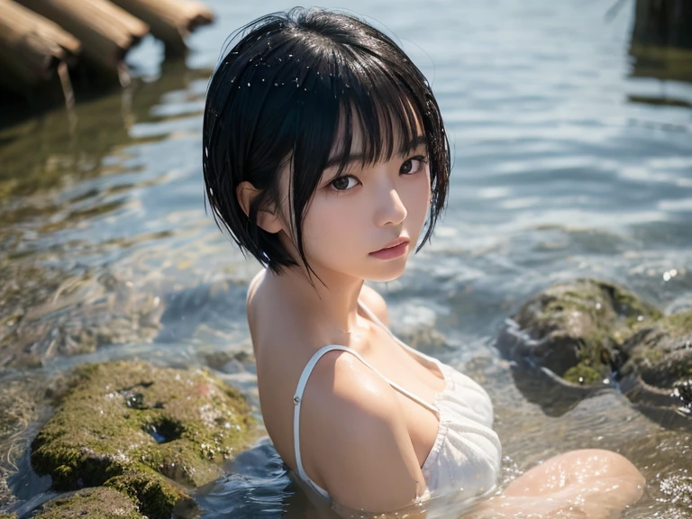 Create a realistic image of a young Japanese woman with short black hair, wearing a wet white T-shirt. She is sitting in shallow water at the beach with a pensive expression. Water droplets are falling around her. The background features wooden posts partially submerged in water, and the scene is illuminated by a warm, golden sunset. Another figure is blurred in the background, creating a serene and slightly melancholic atmosphere.