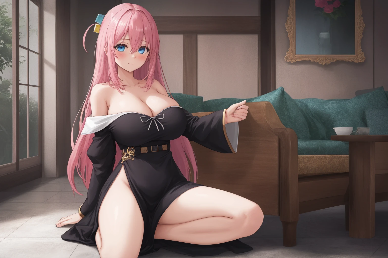 girl, solo, beautiful body, perfect body, nice body, (huge Breasts),
gotoh hitori, pink hair, long hair, hair between eyes, blue eyes, cube hair ornaments, 1girl, breasts, solo, dress, black_dress, long_sleeves, off_shoulder, sleeves_past_wrists, bare_shoulders, sitting, looking_at_viewer, closed_mouth, hair_between_eyes, blush, side_slit, bare_legs, indoors, tiles,
official art, extremely detailed CG unity 8k wallpaper, perfect lighting, Colorful, (best_quality:1.0), ultra high res,4K, ultra-detailed, 8K, HDR, high resolution, absurdres:1.2, film grain, (vibrant_color:1.2), (narrow waist), huge breasts, (masterpiece:1.2), ((best quality:1.3)), ultra-detailed, ray-traced, high-fidelity textures, crisp focus, dynamic pose, dynamic art, dynmic angle,