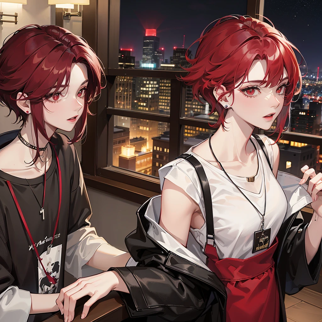 A gentleman,with red eyes and maroon hair with wolf cut hairstyle,wearing oversize t-shirts,wearing earrings and necklace,at hotel look at city view from window