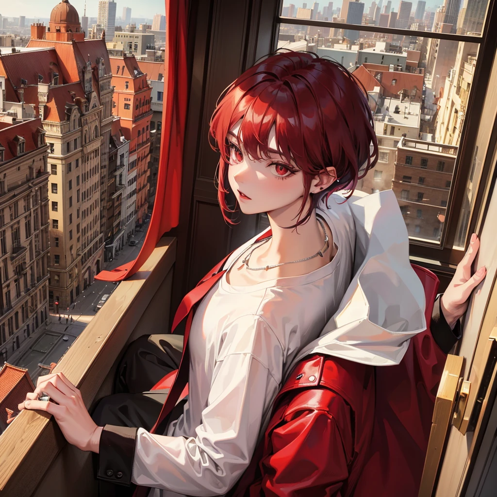A gentleman,with red eyes and maroon hair with wolf cut hairstyle,wearing oversize t-shirts,wearing earrings and necklace,at hotel look at city view from window