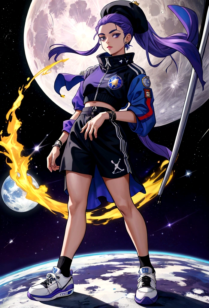 Create a standing character, facing the front, featuring , on top of the moon. featuring uma roupa gangster e escura, featuring barba preta, featuringpleta e pequena no rosto, just a piercing shining on the left eyebrow, a black cap on the head, and a Jordan 4 sneaker on the white and blue foot, without any tattoo. The planet Earth in the background behind the character, and a purple flag, marking the territory of Brazil, in space, and some stars and planets in the background.